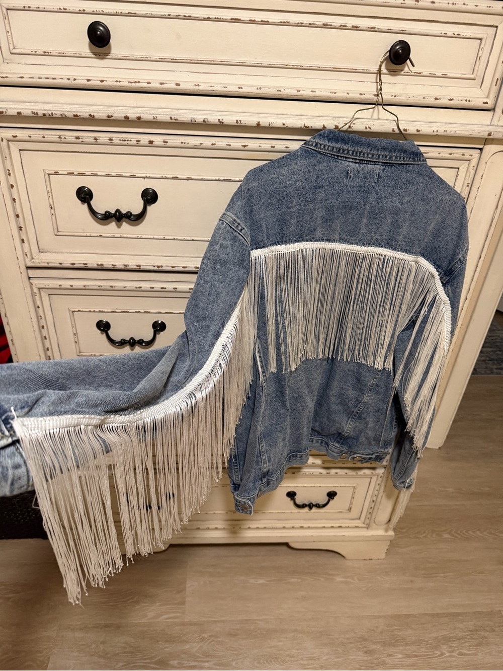 Blue Denim Fringe Jacket with White Trim